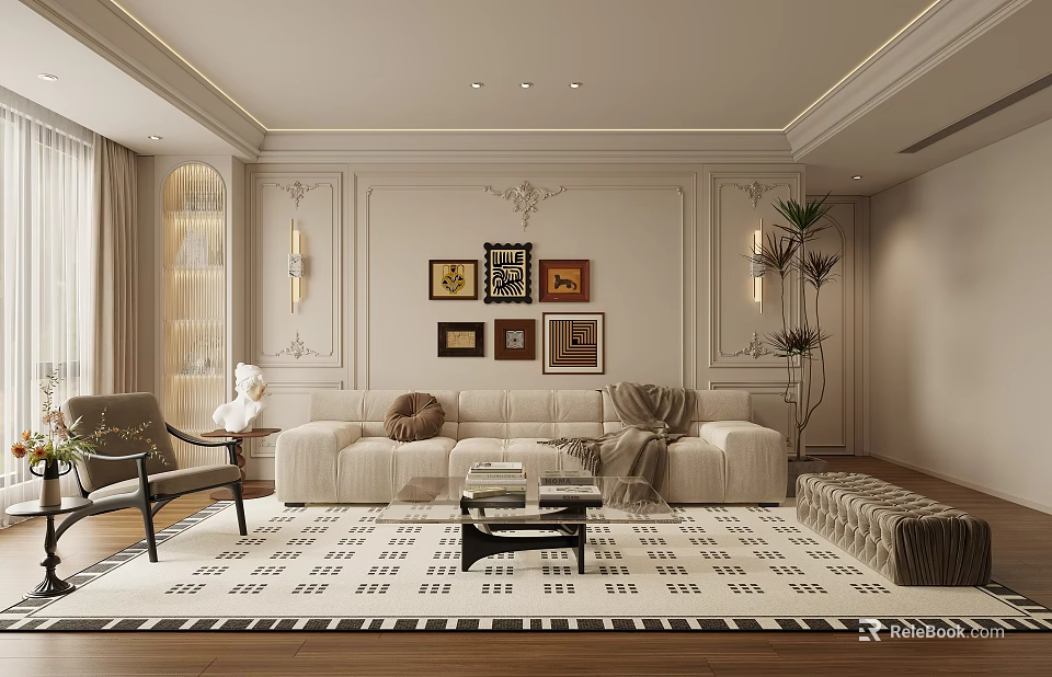 Elegant Modern Living Room Interior With Beige Sofa Geometric Rug Wall Sconces And Decorative Paintings 3d model 