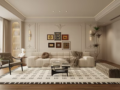 Elegant Modern Living Room Interior With Beige Sofa Geometric Rug Wall Sconces And Decorative Paintings 3d model
