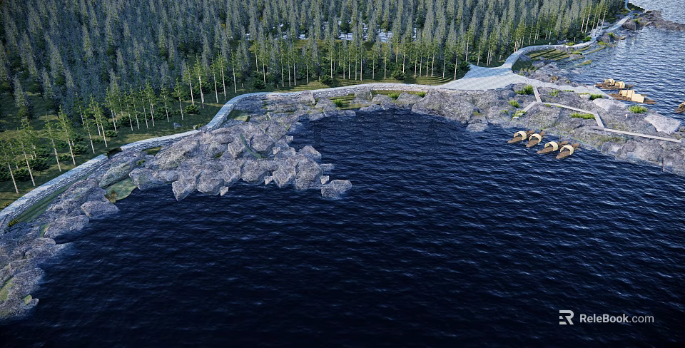 Tranquil Park Landscape With Calm Lake Rocky Shore And Lush Forest Trails 3d model 