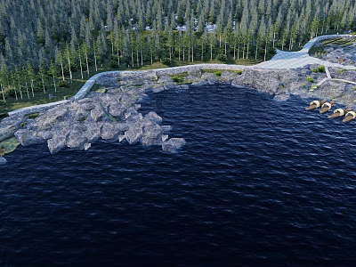 Tranquil Park Landscape With Calm Lake Rocky Shore And Lush Forest Trails 3d model