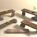 Rustic Wooden Console Tables with Stone Bases and Natural Decor Accents