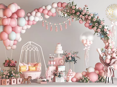 Pink Themed Party Setup With Balloon Arch Floral Swings Love Decor And Dessert Table 3d model