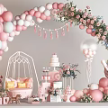 Pink Themed Party Setup With Balloon Arch Floral Swings Love Decor And Dessert Table