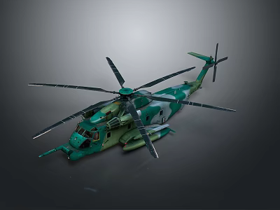 Green Military Helicopter With Main Rotors Tail Rotor And Detailed Fuselage On Dark Background 3d model