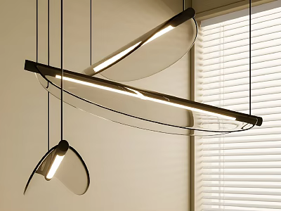 Modern Curved Pendant Light with Illuminated Transparent Structure Near Window Blinds 3d model