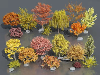 Colorful Diverse Trees with Red Yellow Orange Green Leaves and Stones in Landscape 3d model