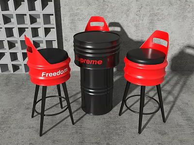 Black Barrel Bar Counter With Supreme Logo Red Freedom Stools And Gray Wall Background 3d model