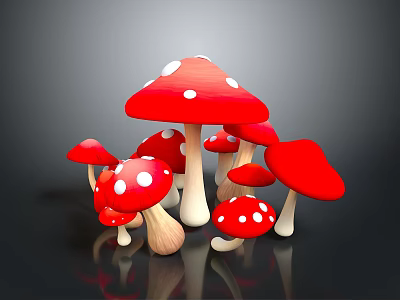 Fresh Red Mushrooms with White Spots in a Cluster on Black Surface 3d model