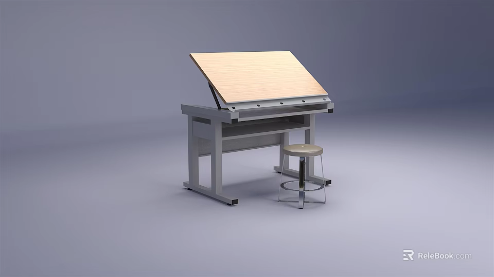 Wooden Top Drawing Table With Metal Frame And Stool For Studio Workspace 3d model
