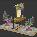 Stylish Dressing Table With Round Mirror Hanging Greenery And Silver Salon Chairs 3d model