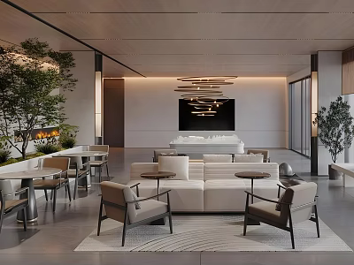 Modern Sales Office Interior With Luxury Sofa Green Plants And Chandelier 3d model