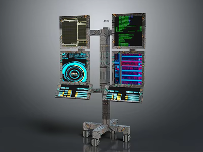 Multi Screen Computer Workstation On Mobile Stand With Wheels Showing Data Visualization And Programming Code 3d model