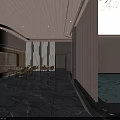Elegant Modern Lobby Interior With Dark Marble Floor TV Yellow Accent Lines And Ceiling Light Strips