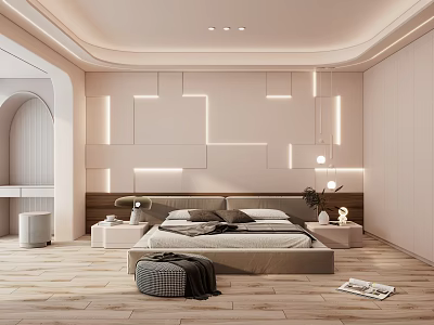 Modern Bedroom Interior With Geometric LED Wall Design Wooden Headboard Nightstands And Light Wooden Floors 3d model