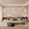 Modern Bedroom Interior With Geometric LED Wall Design Wooden Headboard Nightstands And Light Wooden Floors