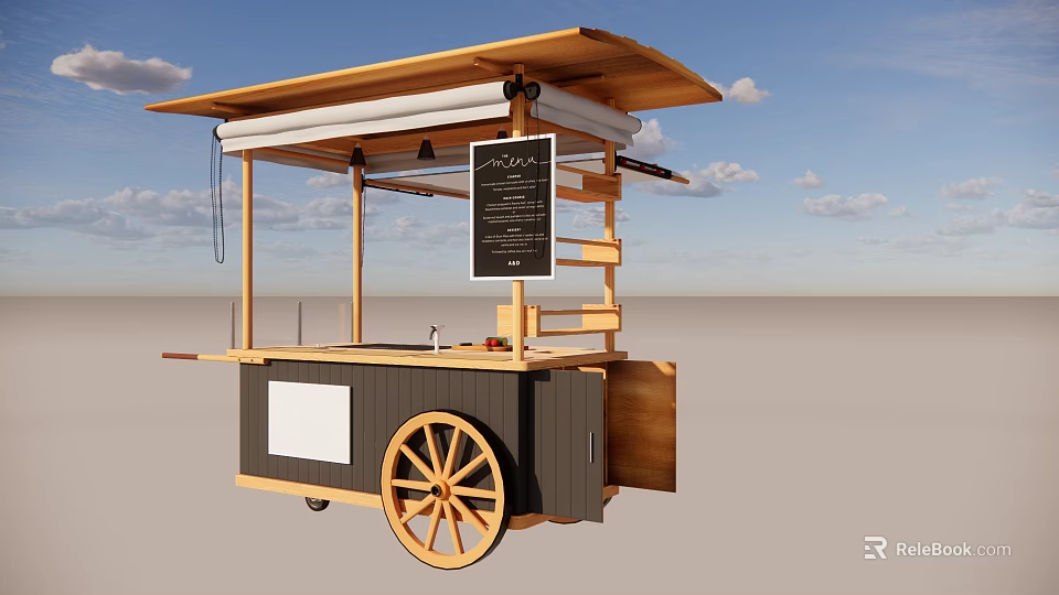 Wooden Mobile Food Cart With Menu Board And Spoked Wheels For Outdoor Vending 3d model 