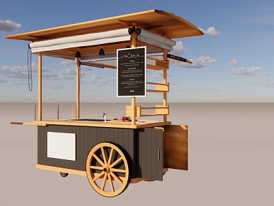 Wooden Mobile Food Cart With Menu Board And Spoked Wheels For Outdoor Vending 3d model
