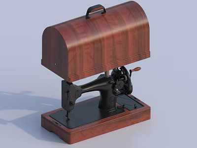 Vintage Industrial Sewing Machine With Wooden Cover Black Body And Wooden Base 3d model