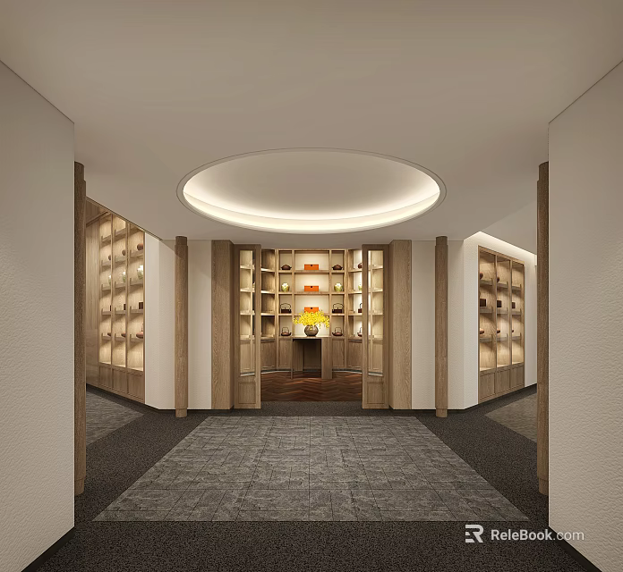 Elegant Teahouse with Circular Ceiling Light Wooden Bookshelves Tea Sets Central Vase and Gray Carpet 3d model 