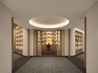 Elegant Teahouse with Circular Ceiling Light Wooden Bookshelves Tea Sets Central Vase and Gray Carpet 3d model