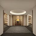 Elegant Teahouse with Circular Ceiling Light Wooden Bookshelves Tea Sets Central Vase and Gray Carpet
