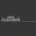 Historic Castle Architecture Model With Multiple Spires Towers Green Lawns And Water Moat