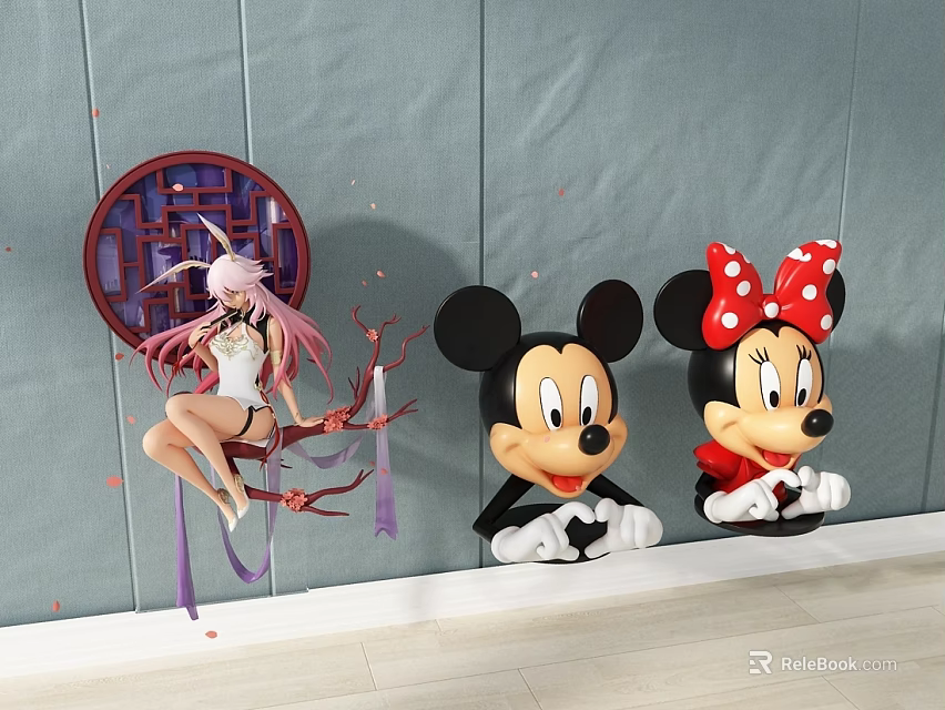Pink Haired Female Doll Mickey And Minnie Dolls With Red Circular Decoration On Gray Wall 3d model 