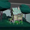Cartoon Scene Featuring Small House Green Roof Windows Steps Surrounding Trees And Grass