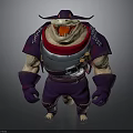 3D Shark Humanoid Character Model With Purple Outfit Red Scarf Shoulder Armor And Muscular Build