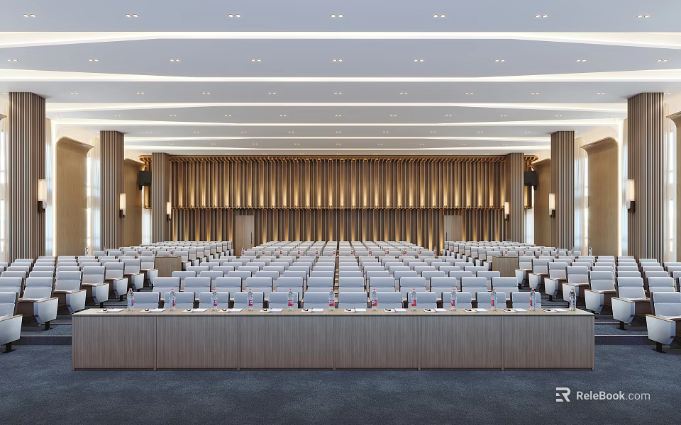 Modern Conference Room With Rows Of Seats Ceiling Lights And Wooden Panel Background 3d model 