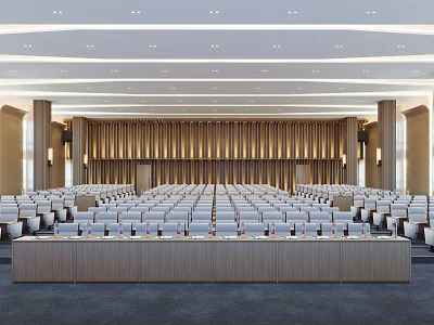 Modern Conference Room With Rows Of Seats Ceiling Lights And Wooden Panel Background 3d model