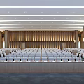 Modern Conference Room With Rows Of Seats Ceiling Lights And Wooden Panel Background