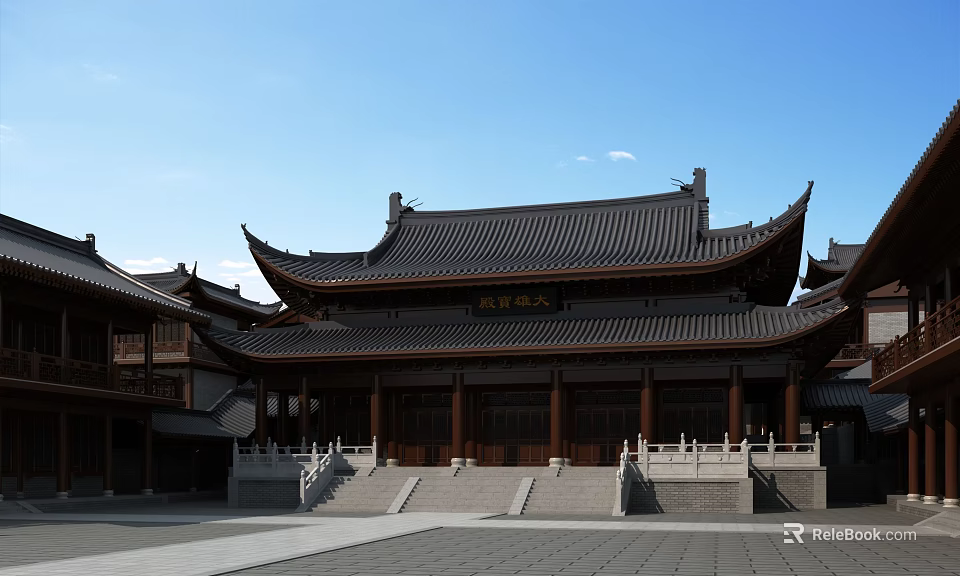Ancient Chinese Architectural Building With Curved Eaves Black Tiled Roof And Stone Steps 3d model 