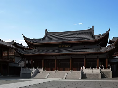 Ancient Chinese Architectural Building With Curved Eaves Black Tiled Roof And Stone Steps 3d model