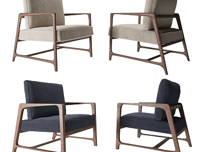 Modern Minimalist Dining Chairs With Solid Wood Frame And Beige Navy Blue Upholstery 3d model