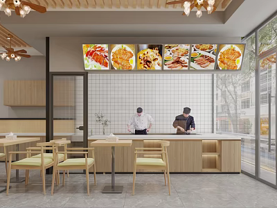 Cozy Restaurant Interior With Chefs Working Behind Counter Food Display Screens And Wooden Furniture 3d model