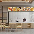 Cozy Restaurant Interior With Chefs Working Behind Counter Food Display Screens And Wooden Furniture