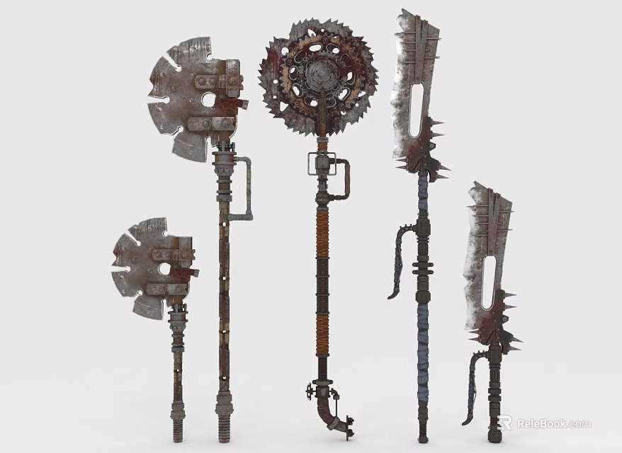 Various Retro Metal Weapons With Gear Spikes And Mechanical Long Handle Design 3d model 