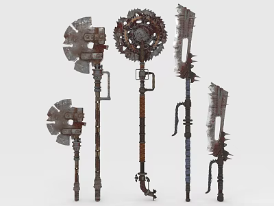 Various Retro Metal Weapons With Gear Spikes And Mechanical Long Handle Design 3d model