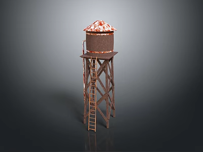 Scenic Water Tower Landscape with Brown Structure Red White Roof and Ladder Against Gray Sky 3d model