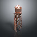 Scenic Water Tower Landscape with Brown Structure Red White Roof and Ladder Against Gray Sky 3d model