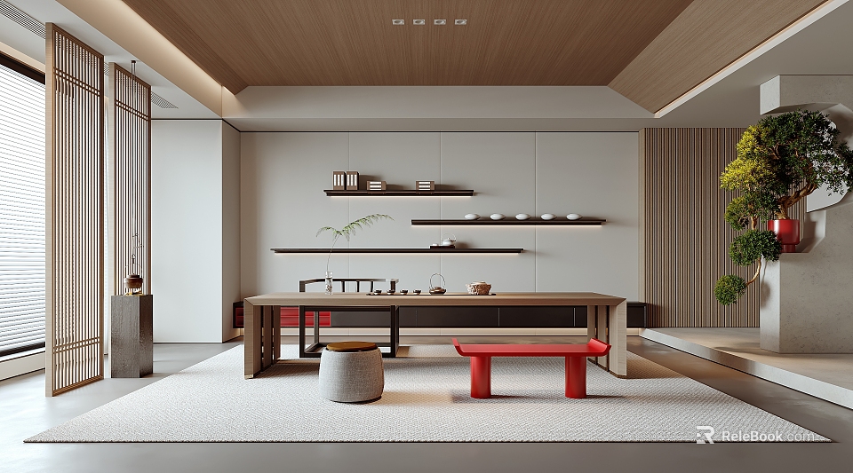 Modern Tea Room With Open Design Wooden Elements Red Bench Tea Sets And Green Plants 3d model 
