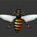 Realistic 3D Bee Model With Yellow Black Stripes And Transparent Wings