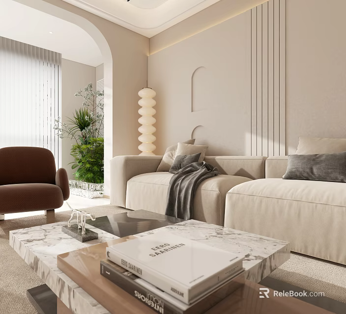 Modern Minimalist Living Dining Room Interior With Beige Sofa Brown Armchair And Marble Coffee Table 3d model 