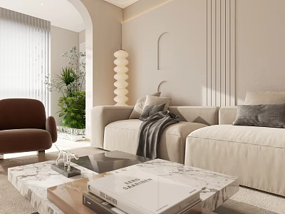 Modern Minimalist Living Dining Room Interior With Beige Sofa Brown Armchair And Marble Coffee Table 3d model