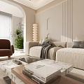 Modern Minimalist Living Dining Room Interior With Beige Sofa Brown Armchair And Marble Coffee Table