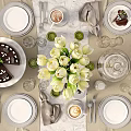 Vintage Tableware Combination Table Cake Cheese Cake Tulip Marshmallow 3d model