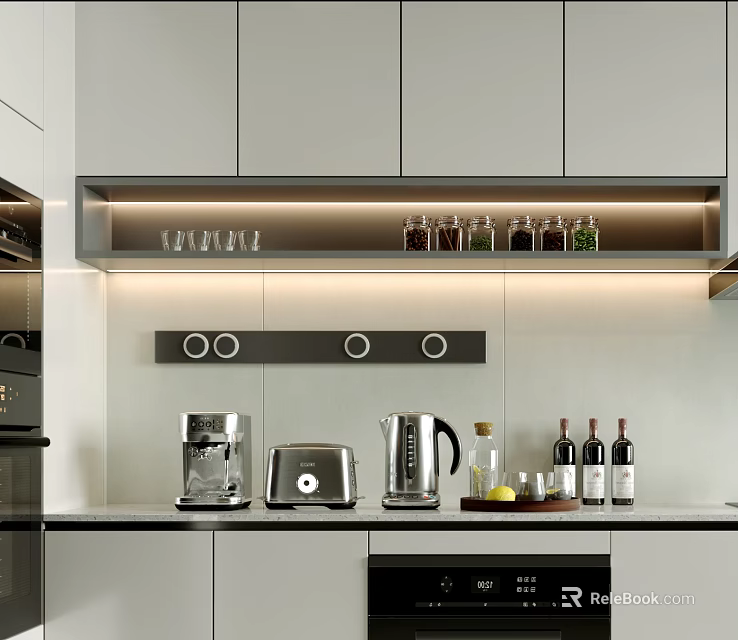 Modern Kitchen With Grey Cabinets Coffee Maker Toaster Kettle Wine Bottles Glassware And LED Lighting 3d model 