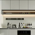 Modern Kitchen With Grey Cabinets Coffee Maker Toaster Kettle Wine Bottles Glassware And LED Lighting