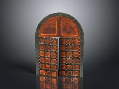 Classic Architectural Arched Door With Copper Colored Grid Design And Stone Frame 3d model